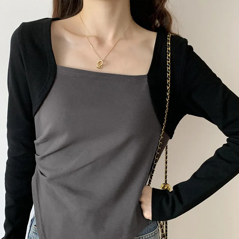 Autumn And Winter Color Positive Shoulder Fake Two Square Collar Blouses Women's Spring And Autumn Splicing Irregular Design Feeling Bottom Short T-Shirt - Image 4