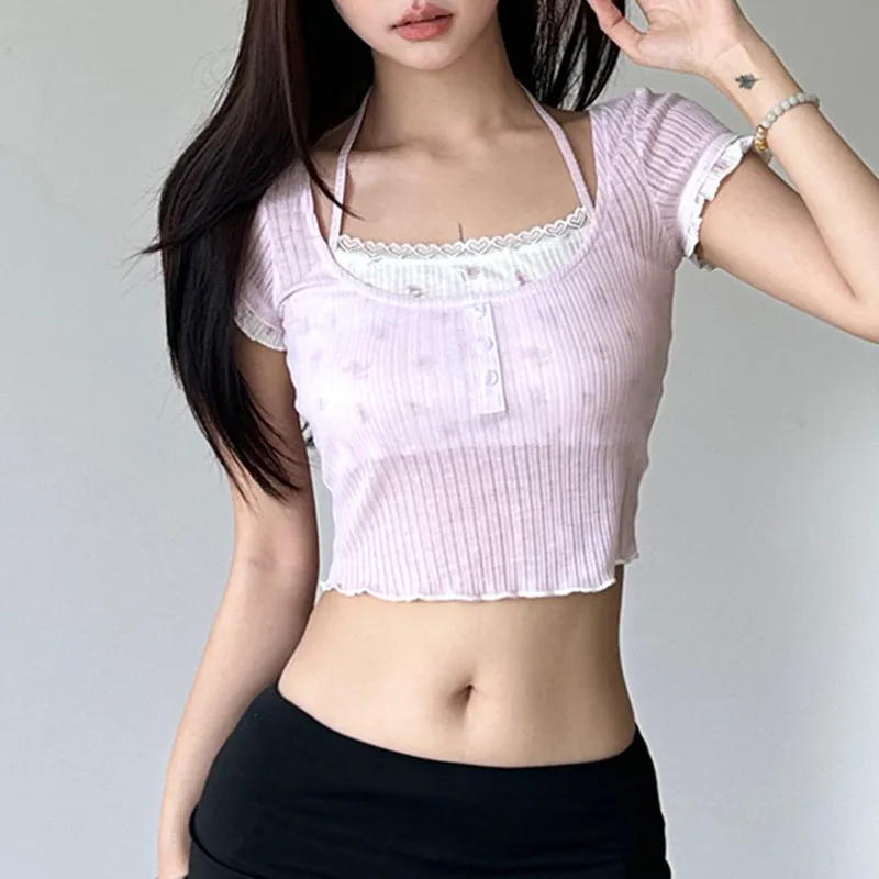 Sweet And Spicy Girls Pure Desire Lace Splicing Fake Two Neck Tops Girls French Maiden Ear Knitted Short-Sleeved T-Shirts - Image 2