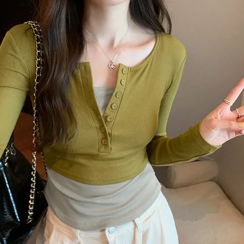 Znbbw Long-Sleeved T-Shirts In Front Of The Shoulder, The New Autumn Style For Women Is Slim, Slim And Full-Bottomed Blouse.