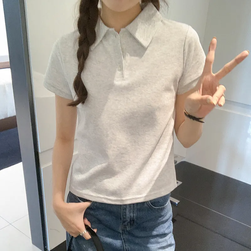 Pure Hot Girls Polo Collar Solid Color Short-Sleeved T-Shirt Women's Summer New Design Style Basic Style Blouse - Image 4