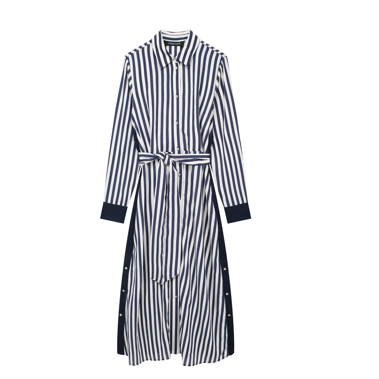 Znbbw Spring Style Striped Flute Shirt-Style Belt Dress 2783816