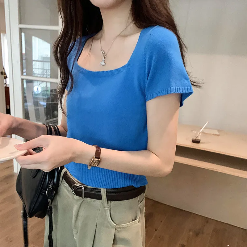Korean Version Of Knitted Short-Sleeved T-Shirt Women's New Summer Slim Thin Solid Color Full-Length Short-Style Blouse Ins - Image 5