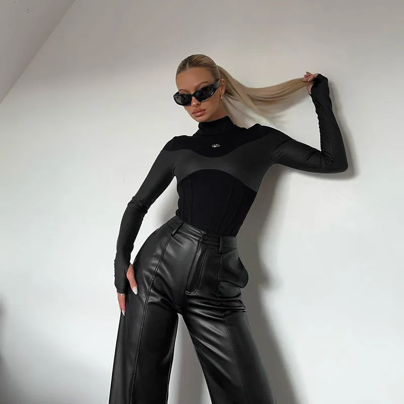 Znbbw Autumn New Dark Fashion Sexy Slim Leather Spliced Long-Sleeved Jumpsuit Women's Dress - Image 3