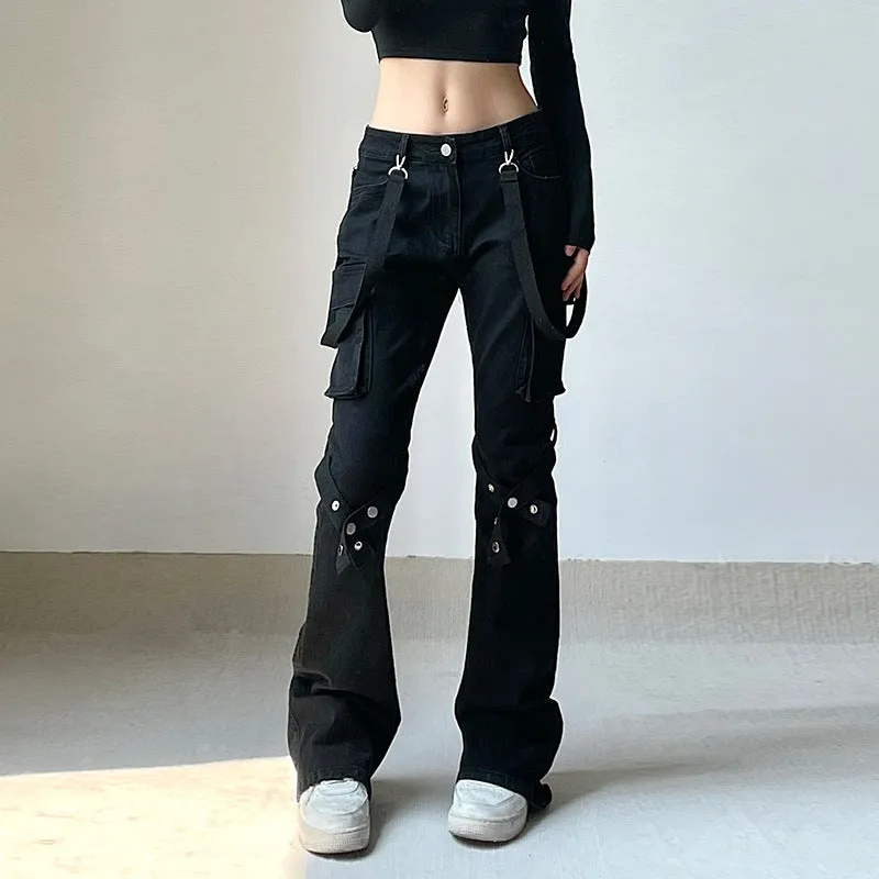 2024Ins Early Summer New Ribbon Design Metal Leg Ring Pocket Straight Tube Flared Trousers Denim Trousers Girls - Image 5