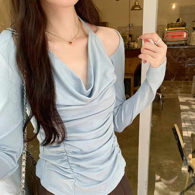 French Chic Shoulder-Exposed Shoulder Collar Long-Sleeved T-Shirt Women's Early Autumn New Pleated Thin Blouse - Image 8