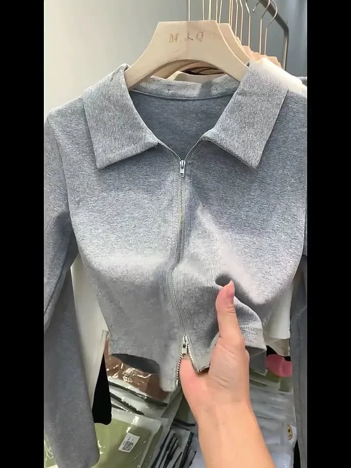 European Design Sense Niche Double Zipper Polo Collar Jacket Women's Early Autumn New Threaded Short Top Knitted Cardigan - Image 9