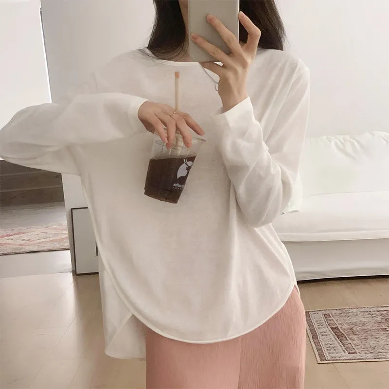Sunscreen Shirt Mask Long-Sleeved T-Shirt Women's Summer Thin Loose Irregular Fork Bottom Air-Conditioning Blouse - Image 6
