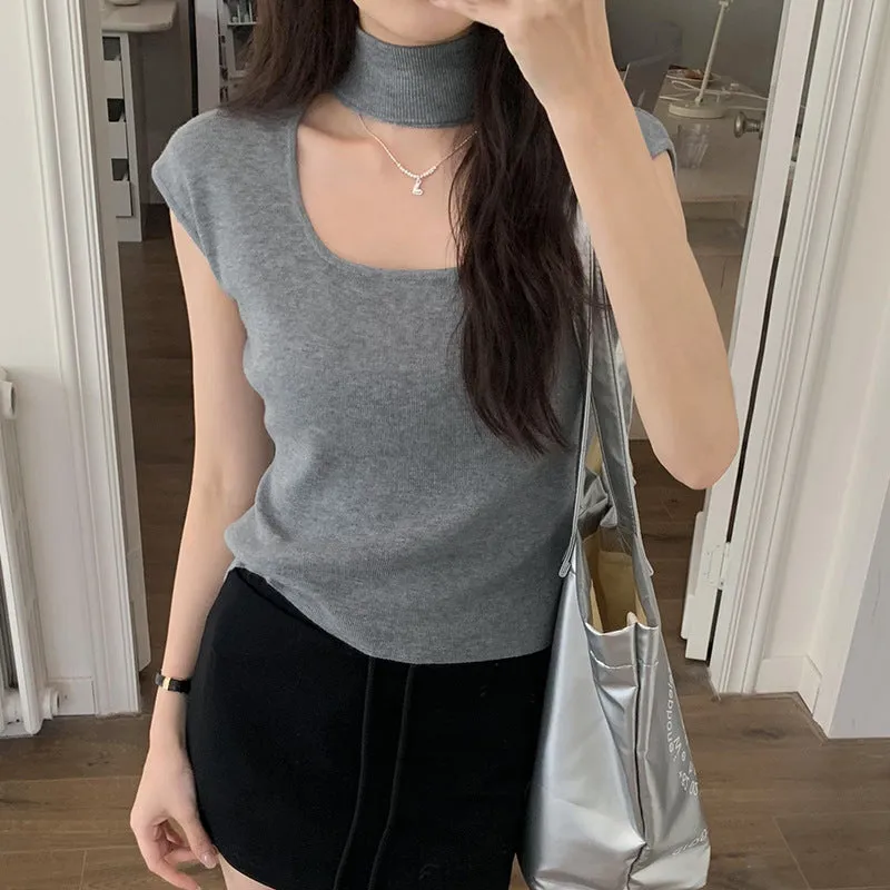 Design Sense Hanging Neck Shoulder Sleeveless Knitted Shirt Spring New Slim High Waist Short Vest Bottomed Blouse - Image 8