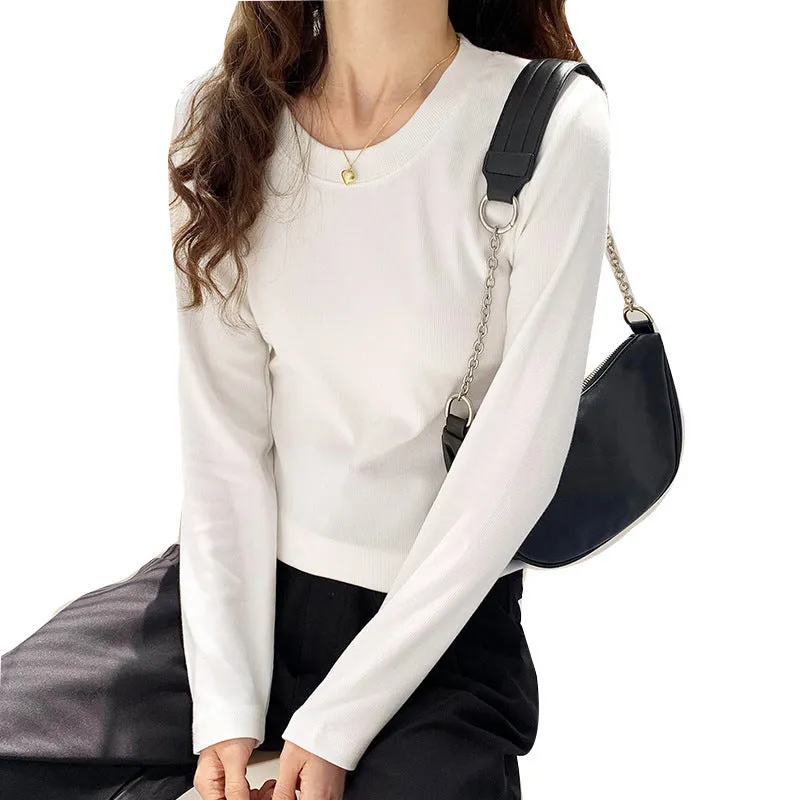 Spring And Autumn Simple Slim Bottomed Shirt Women 2025 Autumn And Winter New Style White Shirt With Round Collar And Long Sleeves T-Shirt - Image 4
