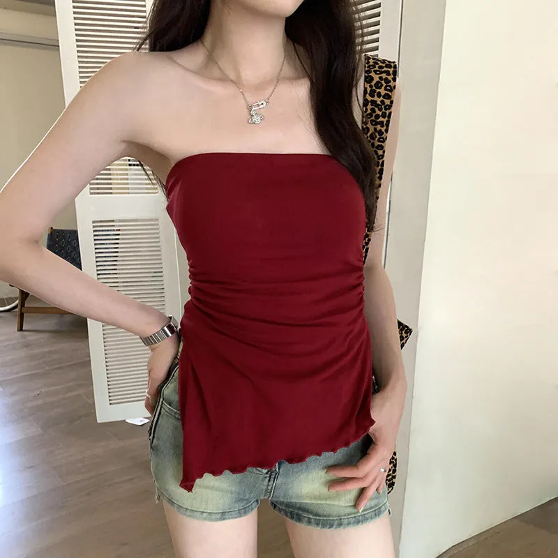 Design Feeling Red Breast Sling Vest Female Summer Minority Fold Fork Slim Body Wear Chest Cushion Top Tide - Image 5