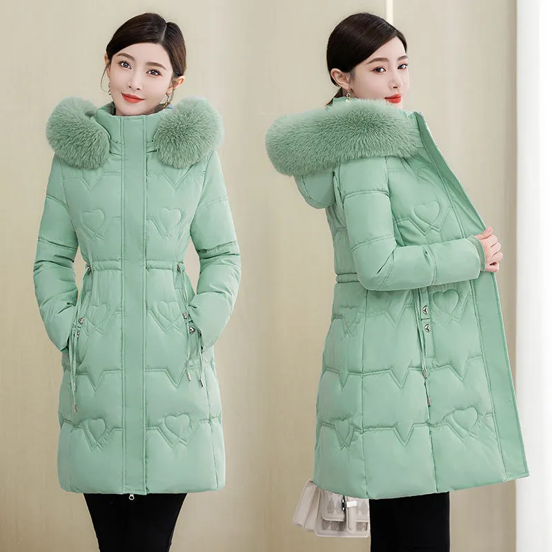 Clothes Female Medium Long Style 2024 Winter New Korean Version Slim Long Cotton-Padded Jacket Add Thick Warm Big Wool Collar Large Size Coat - Image 3