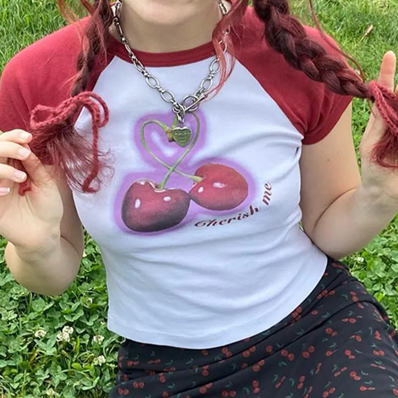 Sweet Cool Girl Cherry Print Hit Color Shoulder Insert Short-Sleeved Round-Neck T-Shirt 2024 Spring / Summer New Spice Girl Blouse - Image 4