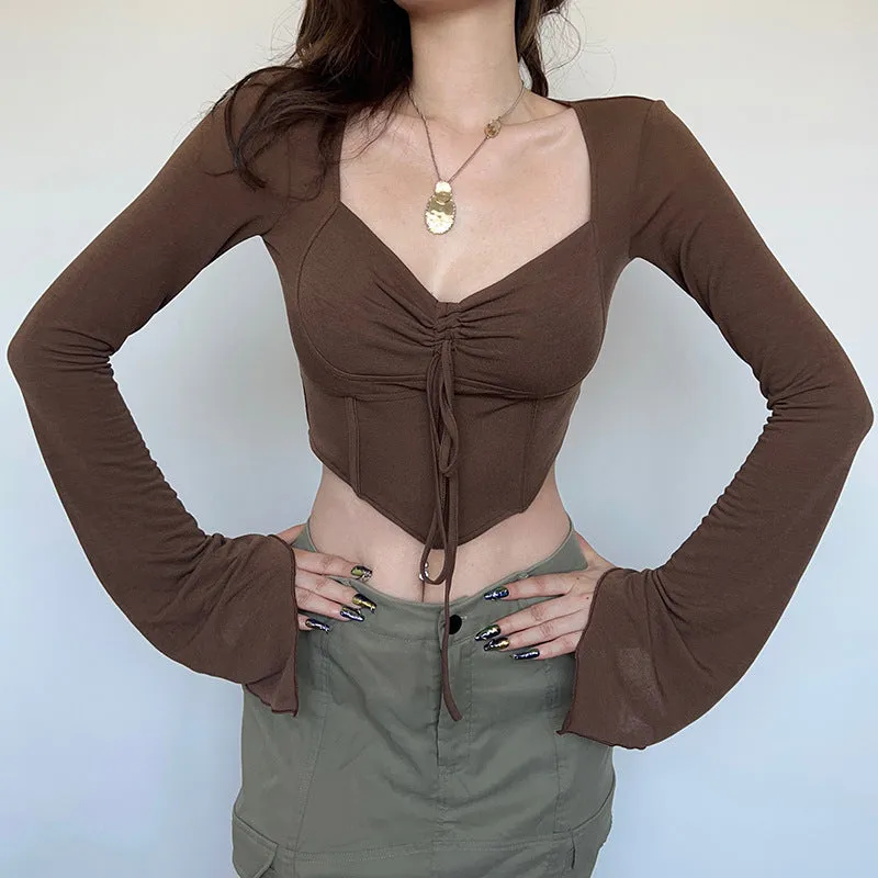 2025 Autumn / Winter Women's Wear Ins Trend Brand Online Celebrity Hot Girl Hanging Neck Fishbone Square Collar Sexy Navel Revealing Thin T-Shirt Woman - Image 7