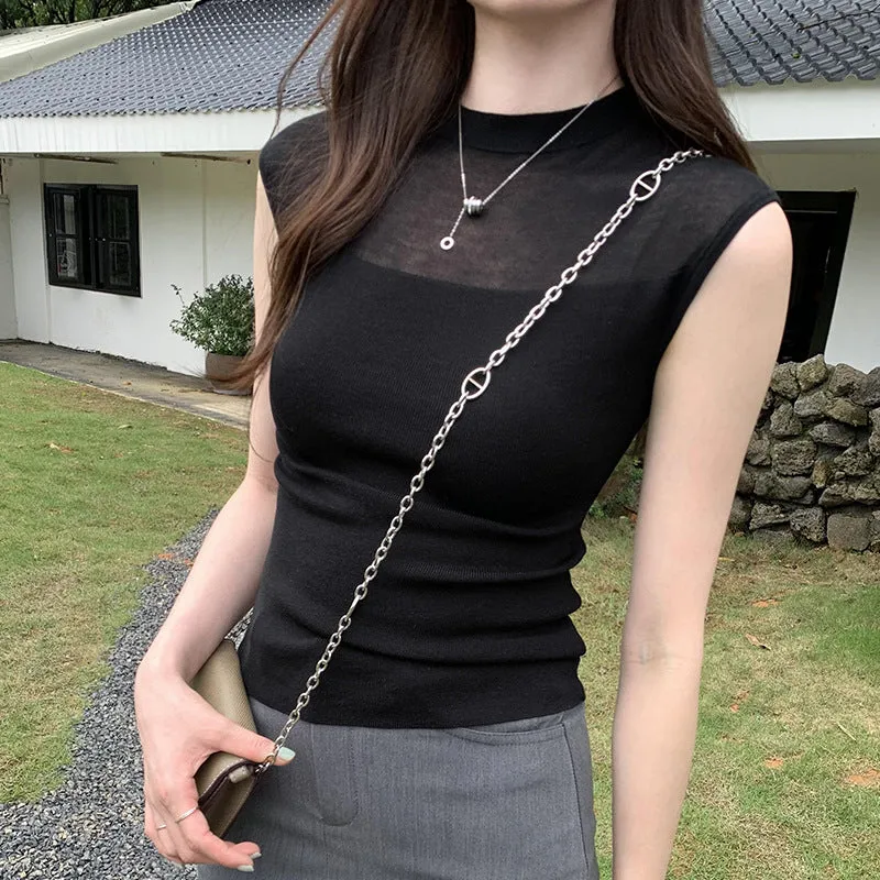 Korean Tulle Spliced Sleeveless Sweater Women's Summer 2024 New Style Slim And Gentle Blouse With Thin Temperament - Image 2