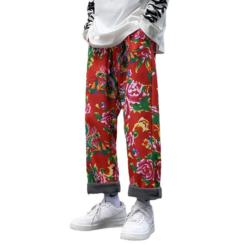 Big Flower Leisure And Velvet Foot Casual Pants Large Size Chinese Wind Peony National Characteristics And Velvet Big Flower Pants - Image 5