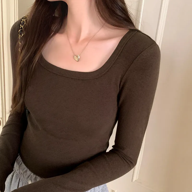 Znbbw Color Straight Shoulder Slim Square Collar Threaded Short-Sleeved T-Shirt Early Autumn All Look Thin Undershirt