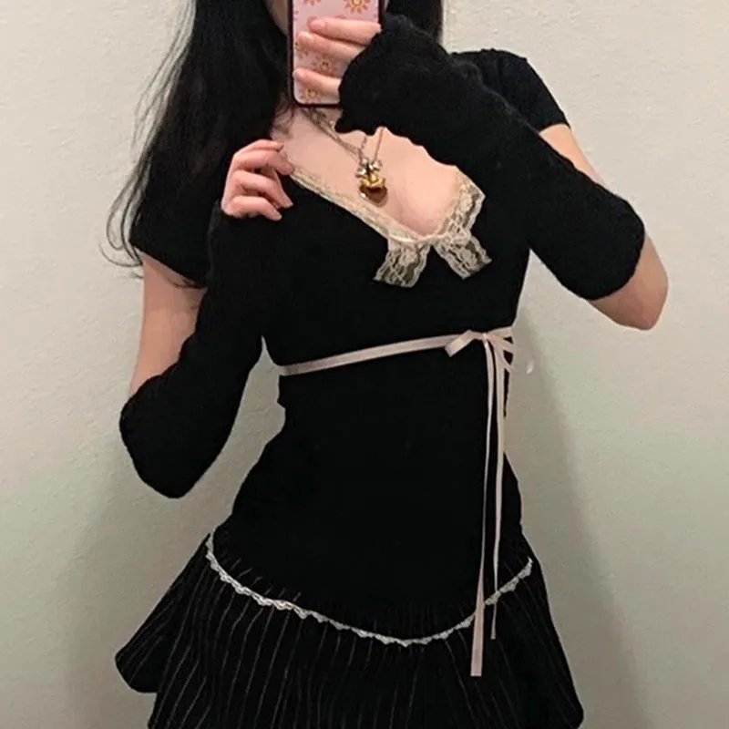 Sweet Girl Lace Bow Solid Color Short-Sleeved T-Shirt Style Stylish Casual Shirt New Style In Summer - Image 3