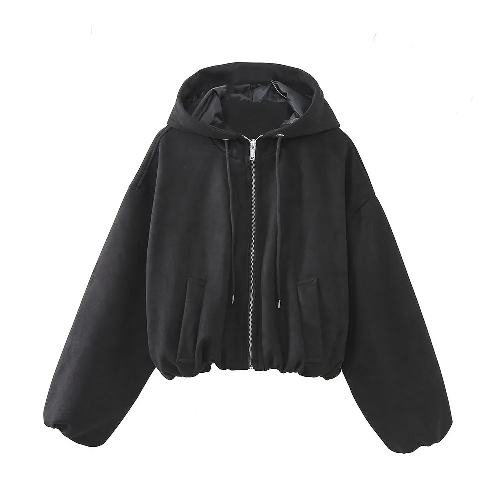 Znbbw New Suede Texture Effect Short Hooded Jacket 3046833