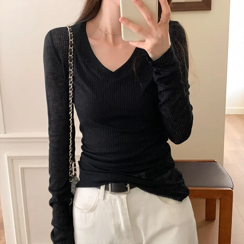 Znbbw Micro-Transparent Long-Sleeved Sweater Women's Early Autumn New Design Sense Of Slim And Thin Bottomed Blouse - Image 3