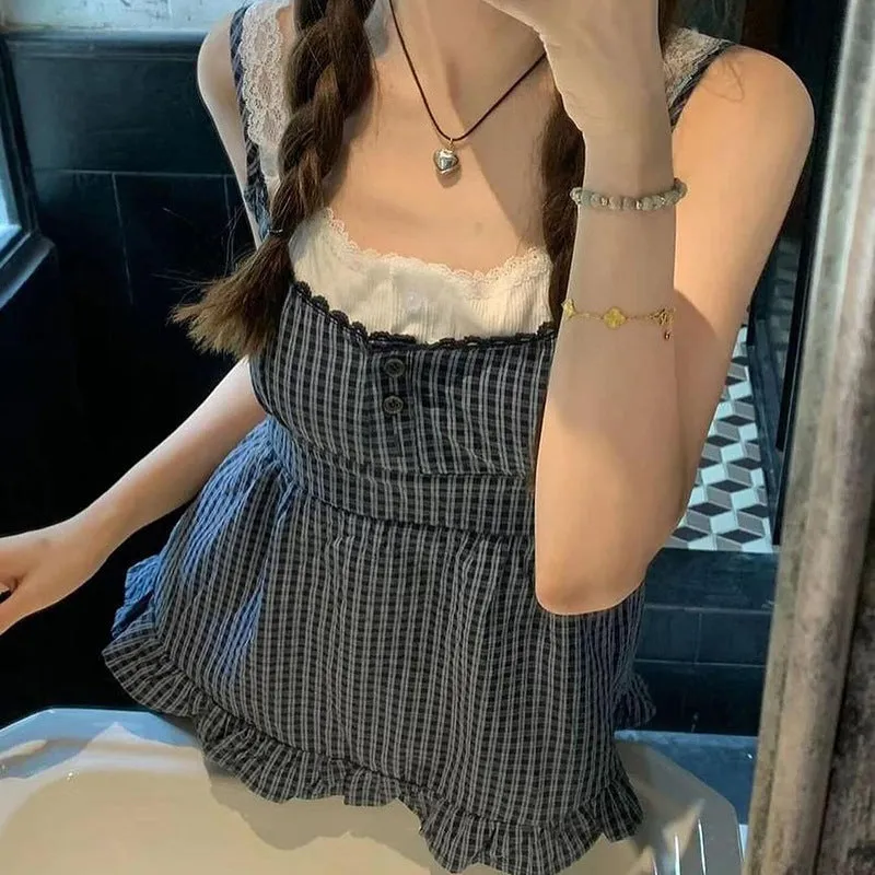 2024 Summer Women's Wear Ins Online Celebrity Street Hot Girls New Plaid Fake Two Lace Folded Vests - Image 2