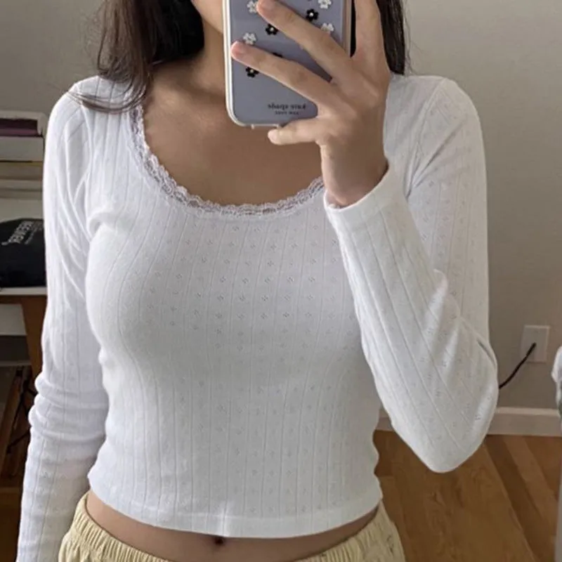 Autumn And Winter Women's Wear 2025Ins Street Trend Sweet Lace Lace Knitted Long-Sleeved T-Shirt - Image 4