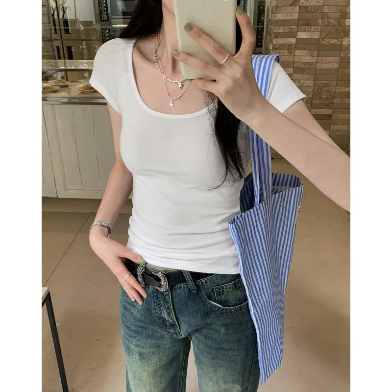 White U-Collar Slim Shoulder Short T-Shirt Women 2024 Summer New Style Short Short-Sleeved Blouse Trend - Image 7