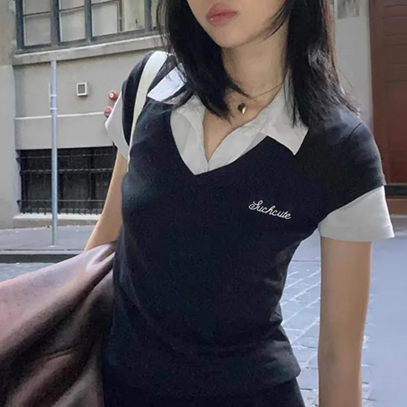 College Style POLO Collar Splicing Fake Two Short-Sleeved Blouses Slim And Simple Knitted T-Shirt Girl - Image 4