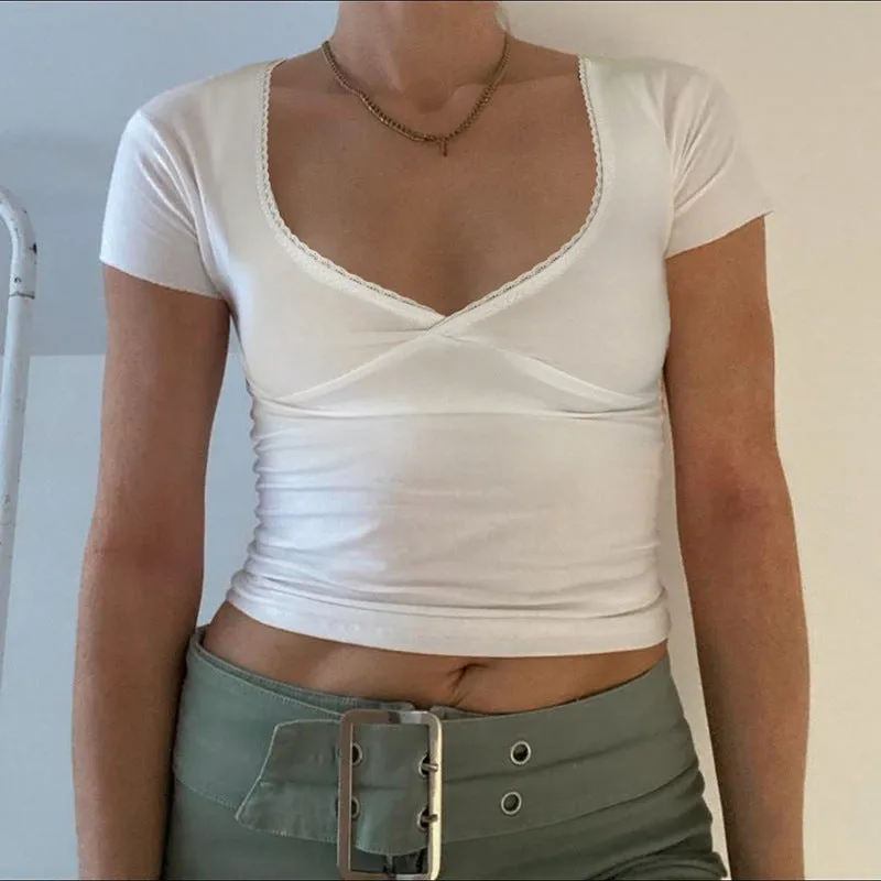 Hot Girls Sexy V-Collar Lace Stitching Solid Color Short-Sleeved Basic Casual Short-Sleeved Blouse 2024 Summer New Style - Image 4