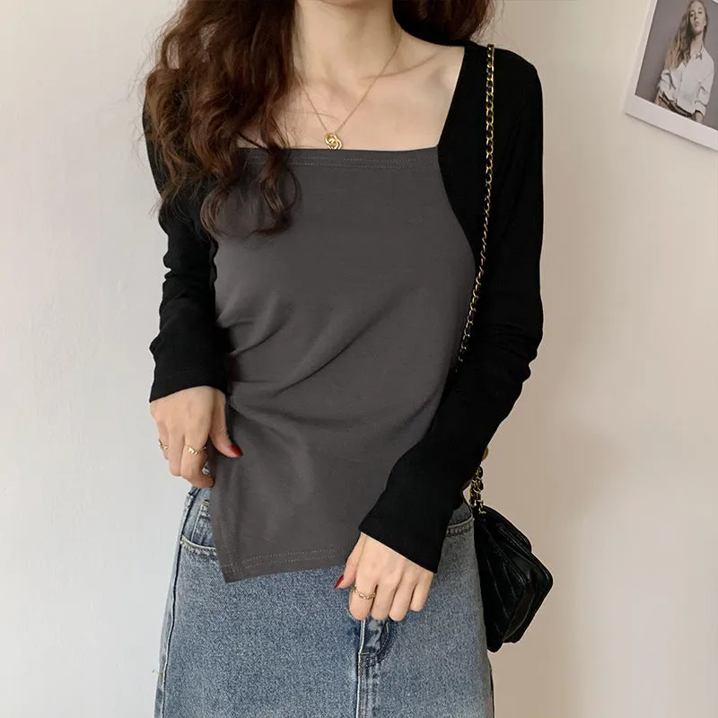 Autumn And Winter Color Positive Shoulder Fake Two Square Collar Blouses Women's Spring And Autumn Splicing Irregular Design Feeling Bottom Short T-Shirt
