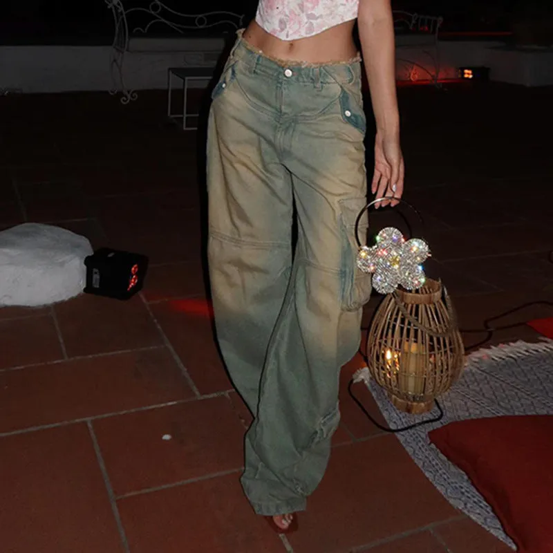 Asymmetrically Make Vintage Rough-Edged Jeans 2024 Street Spicy Girls Loose Leisure Line Tooling Straight Trousers - Image 4