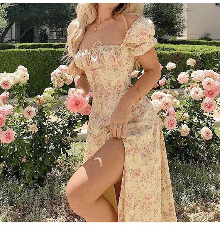 Znbbw New Women's Wear In Summer Fashion Bubble Sleeve Broken Flower Tie High Forked Dress Summer Dress