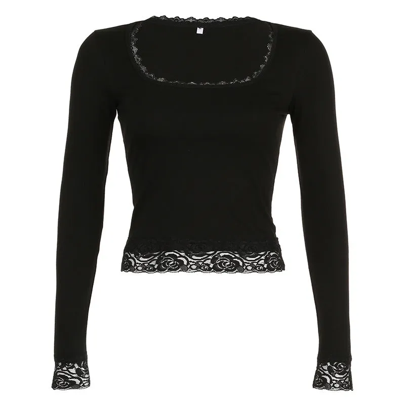 Hot Girl Style Sexy U-Collar Lace Bow Stitching Slim Long-Sleeved Pure Black T-Shirt New Style - Image 2