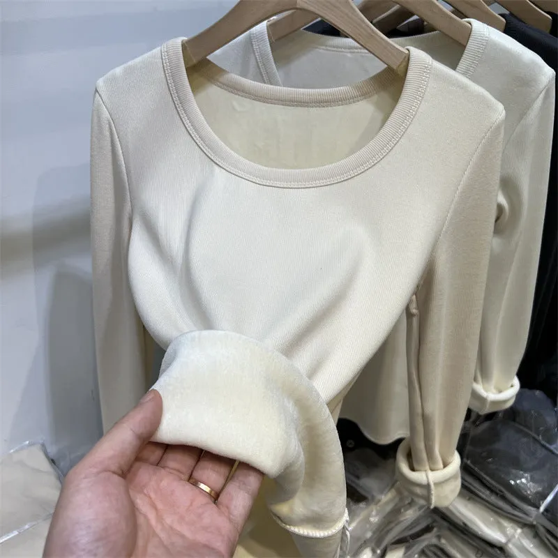 Znbbw Plush Underwear With White Bottomed T-Shirt With Low Round Neck And Long Sleeves In Autumn And Winter Integrated Velvet Warm Blouse - Image 2