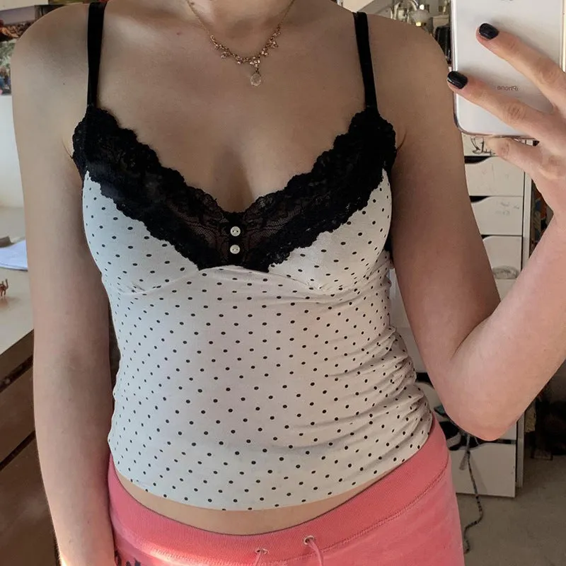 Playful Girl Feeling Lace Splicing Small Sexy V-Neck Body Wave Point Sling Vest 2024 Spring / Summer New Style - Image 4