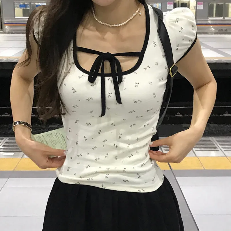 Broken Flower Printing Lace-Up Bubble Bubble Short-Sleeved Knitted T-Shirt Slim, Hanging Neck, Sweet Blouse - Image 2