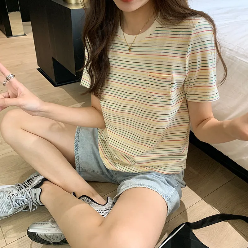 College Style Rainbow Striped Round-Neck T-Shirt Women's Summer Loose Style Vintage Blouse Design Sense Minority - Image 3