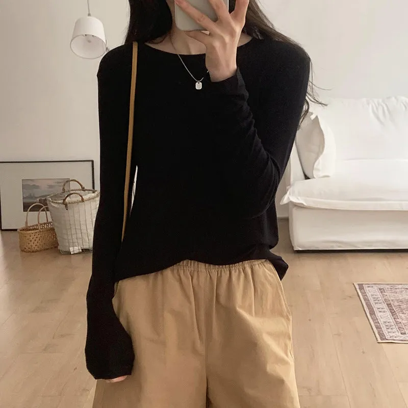 Znbbw Mask T-Shirt Women's Spring And Autumn New Style With White Basic Solid Color Slim Stretch Bottom Blouse - Image 7