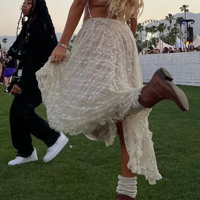 Holiday Leisure Lace Irregular Design Low-Waisted Skirt 2024 New Thin Style Full-Length Dress - Image 2