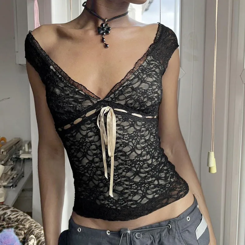 Hot Girl V-Collar, Low-Cut, Sexy, Slim, Bare Back With Lace Solid Color Sleeveless T-Shirt Summer Style - Image 5