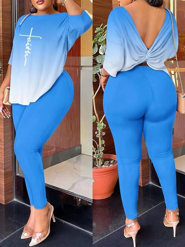 Znbbw Autumn New Women's Fashion Leisure Bare-Back Printed Trousers Suit - Image 9