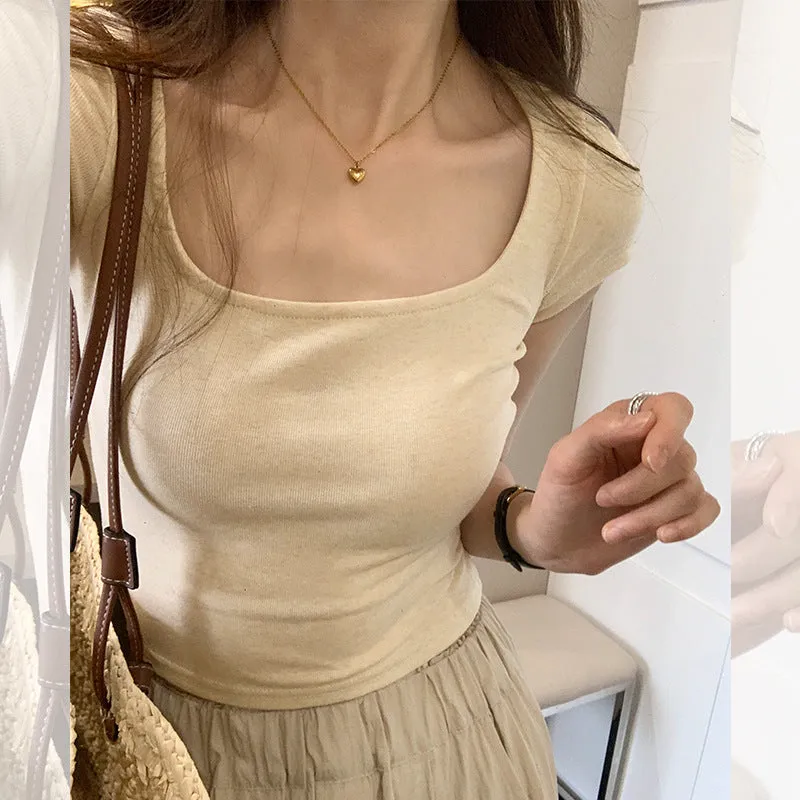 Large Square Collar Design Small Solid Color T-Shirt Women's Short Sleeves Show Thin Exposed Collarbone Short Style Sweet Hot Style Blouse - Image 6