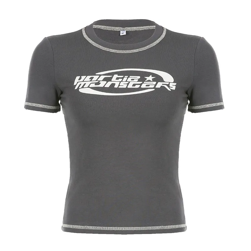 Ins Style Spring And Summer Women's Wear 2024Ins Hot Girls Street Celebrities Gray Function Wind Printed Short-Sleeved T-Shirt Women - Image 3