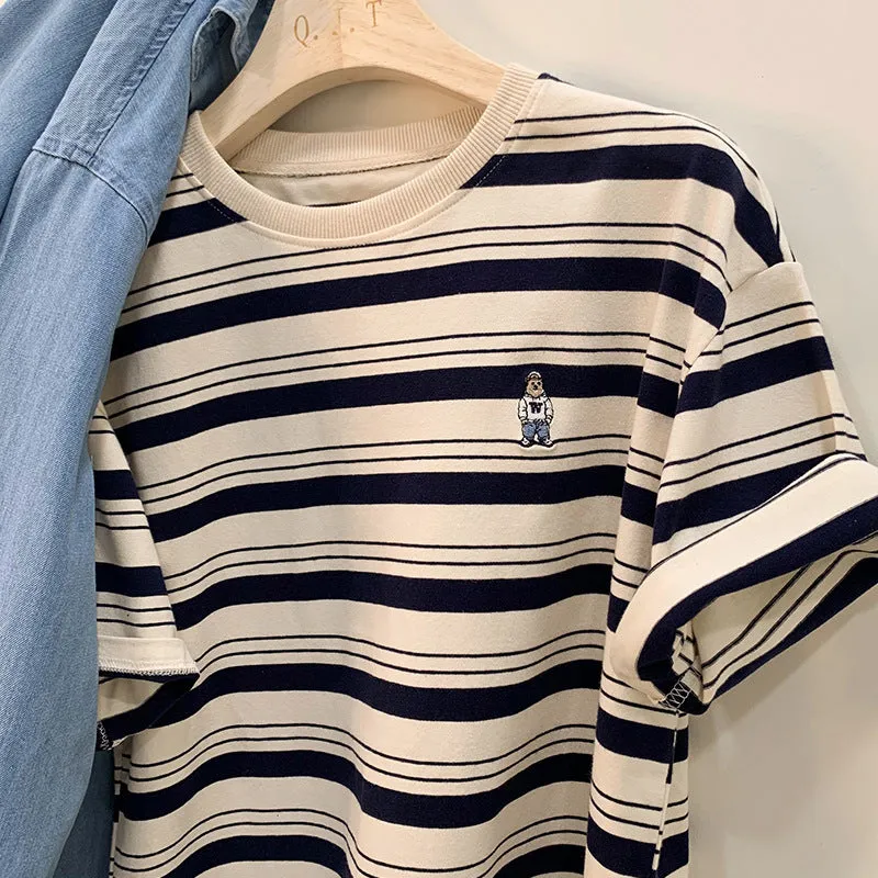 Shoulder Striped Short-Sleeved Embroidered T-Shirt Women's Summer New Design Chic Loose Leisure All-Purpose Commuter Shirt - Image 8