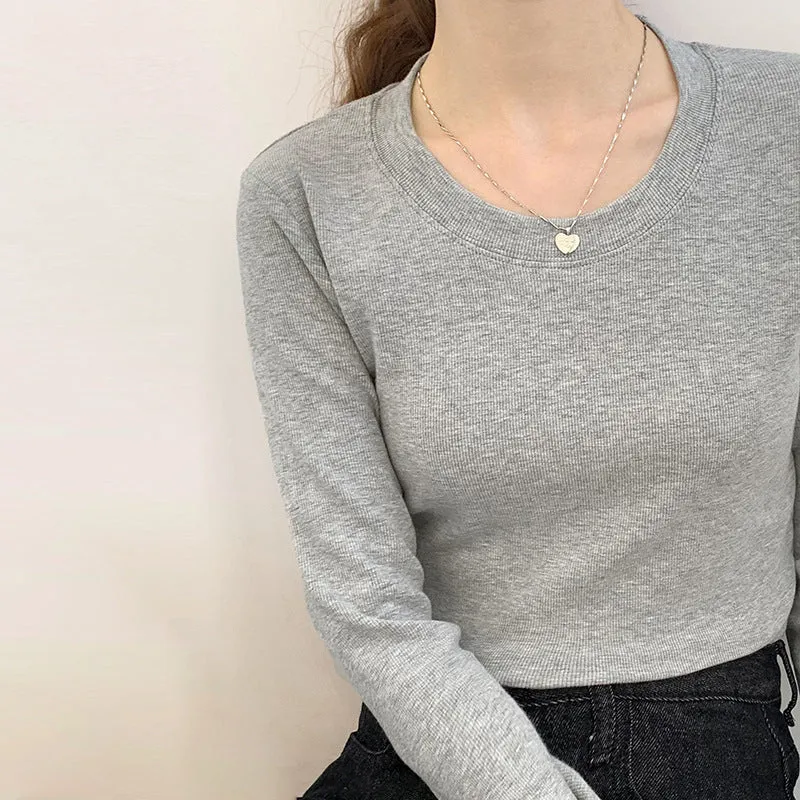 Spring And Autumn Simple Slim Bottomed Shirt Women 2025 Autumn And Winter New Style White Shirt With Round Collar And Long Sleeves T-Shirt - Image 7