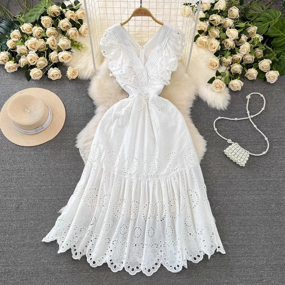 Znbbw Temperament Flying Sleeve V Collar Waist Shows Thin A Word Big Pendulum Hollowed-Out Dress Seaside Holiday Long Skirt