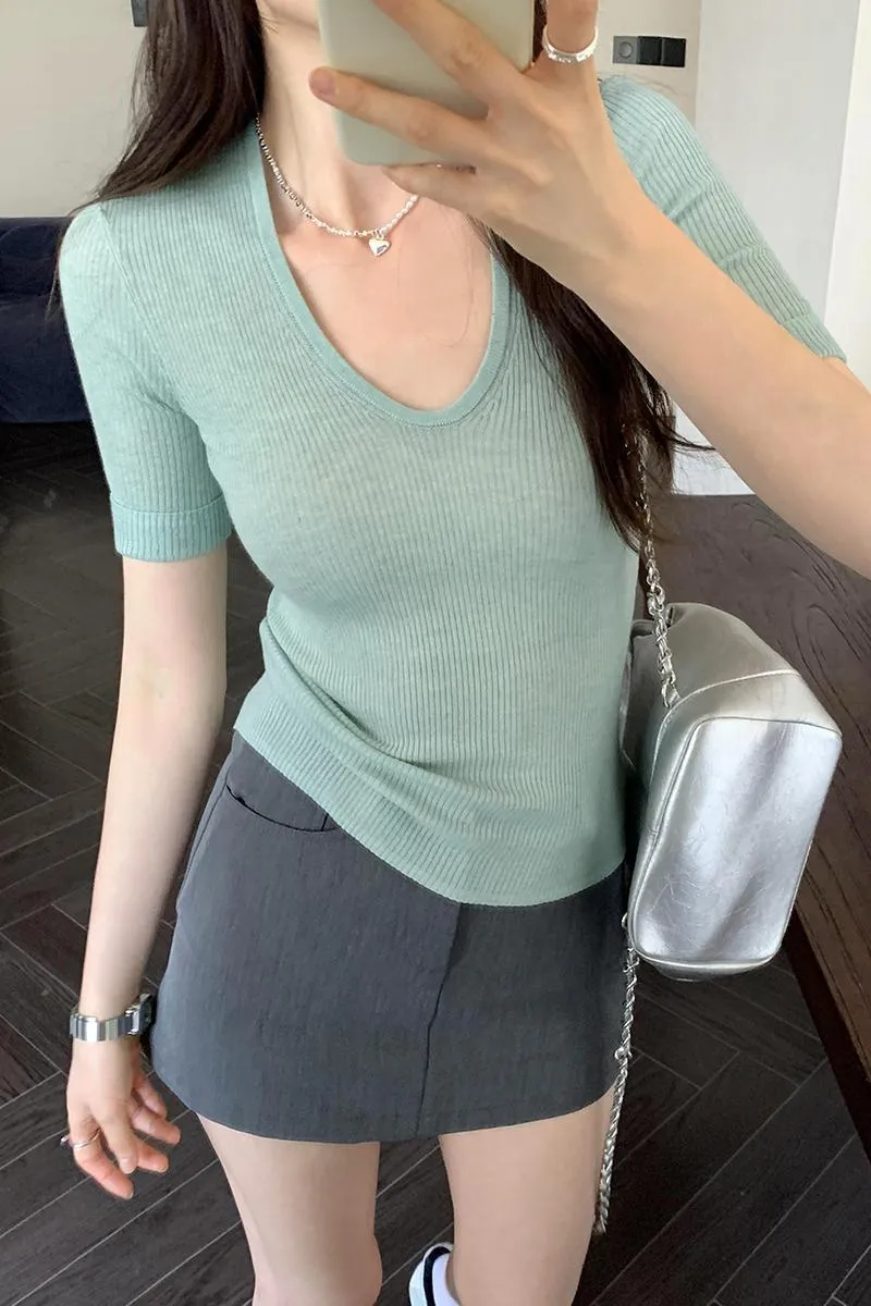 U Straight Shoulder Ice Silk Knitted Short-Sleeved T-Shirt Women 2024 Summer Thin Style Bottomed Shirt Slim Short Blouse - Image 12