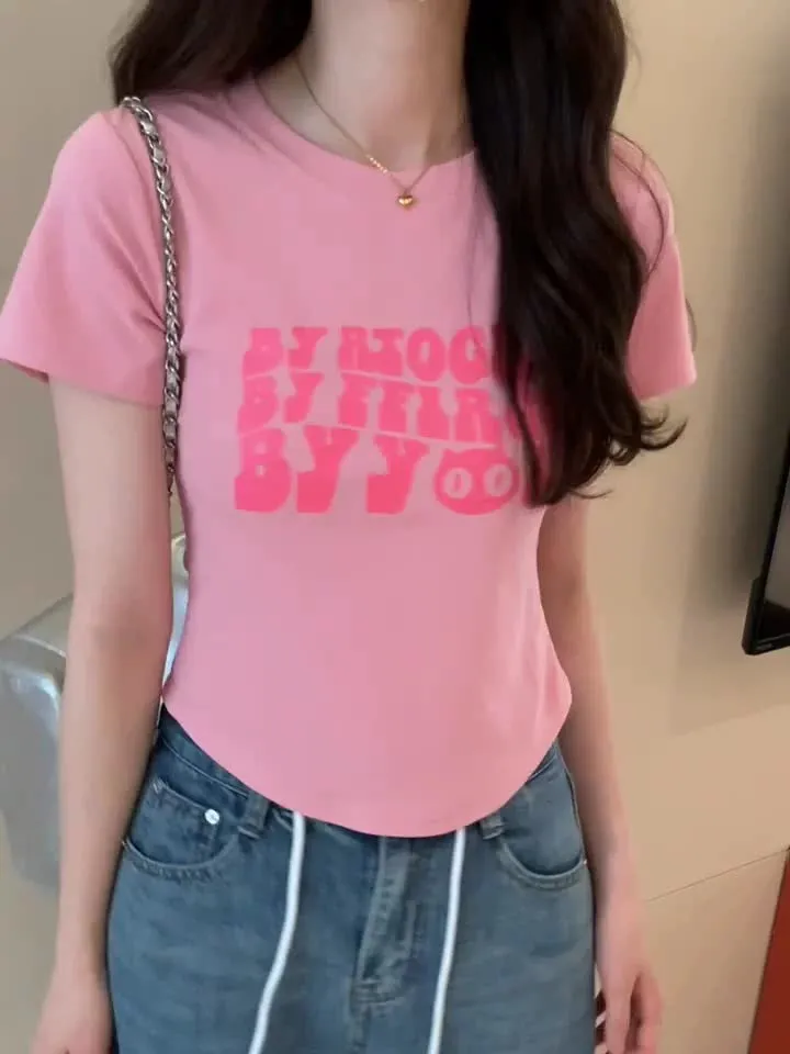 Pink Letter Printing Sweet And Spicy Girl Style Short Shoulder Slim T-Shirt Women's Summer New Skinny Blouse - Image 9