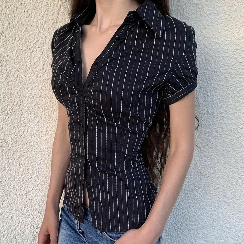 Vintage Striped Bubble Sleeve Blouse With Thin Waist And POLO Collar Button Cardigan Short Sleeved T-Shirt - Image 3