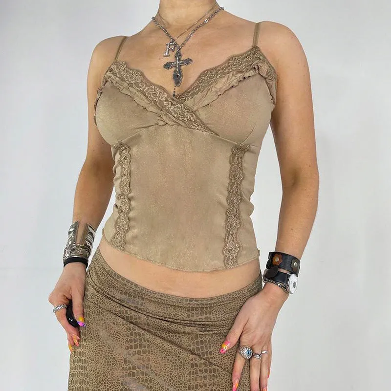 Ins Trendy Lace Lace Spliced Suede Halter Top 2024 New Hot Girl Sexy V-Collar Slim Vest - Image 2