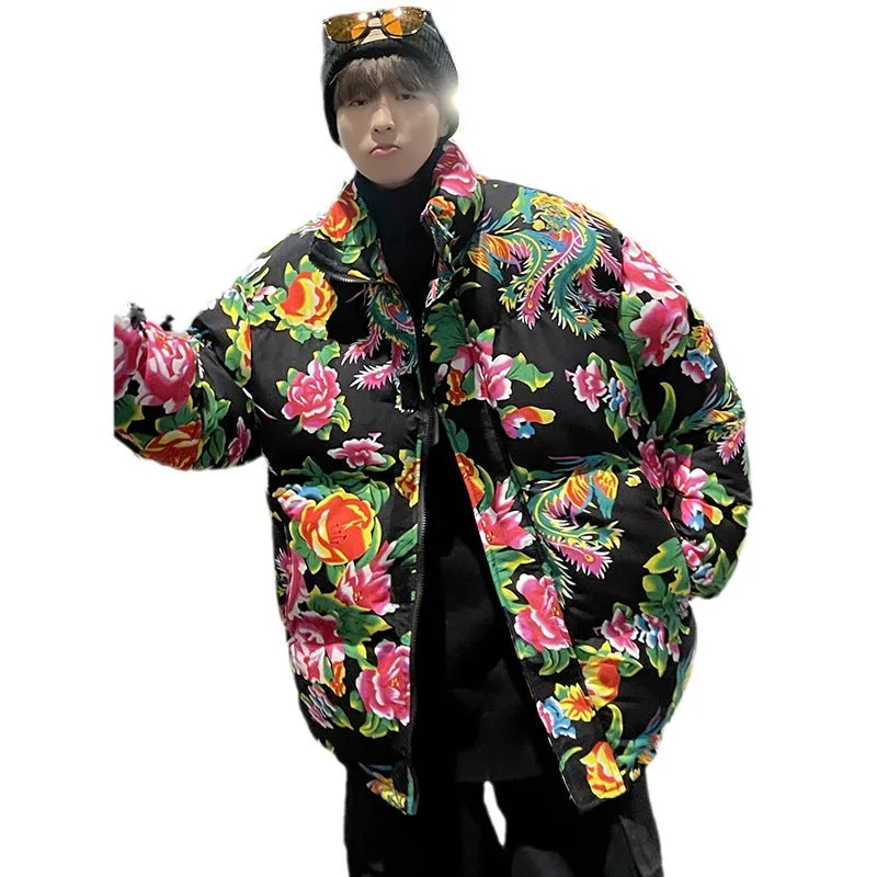 Big Flower Cotton-Padded Jacket Men And Women China-Fashion Chinese Wind Peony Flowers Add Thick Cotton Clothes Winter Warm Coat Oversize - Image 5
